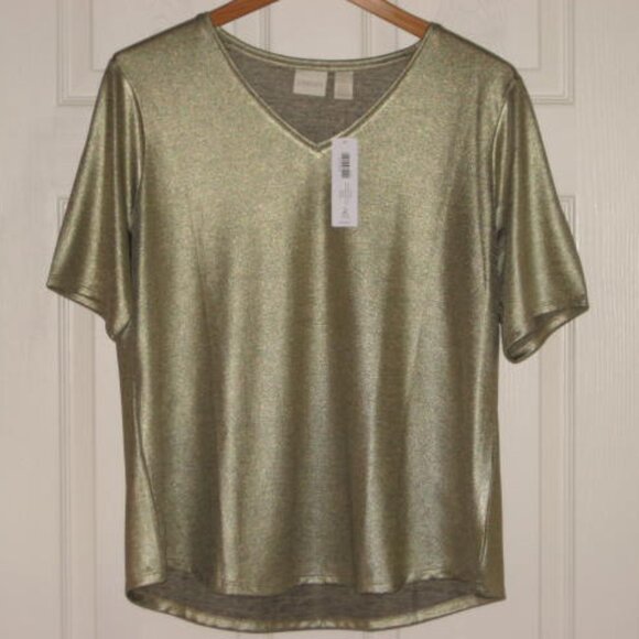 NWT Chicos Metallic Foil Tee Gold Green Sz 2P LP V Neck Elbow Short Sleeves Top - Picture 6 of 12